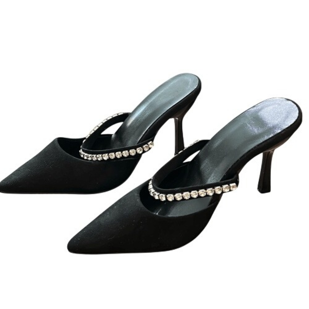 Black‎ Pointed Toe Mule Heels with Rhinestone Strap Stiletto Size 35 US 5